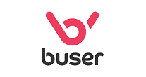Logomarca da Buser: letras pretas minúsculas com símbolo redondo rosa acima